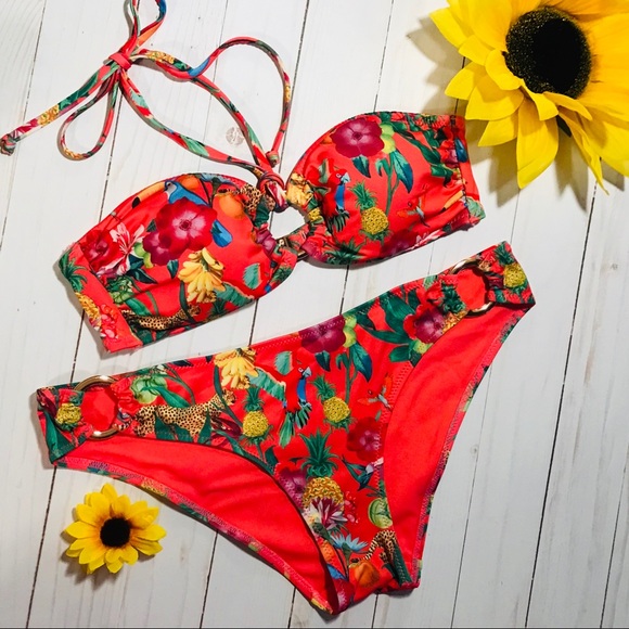 Hot Coral Pink Tropical Print 2 pc Bathing Suit 8 - Picture 4 of 14